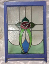 Load image into Gallery viewer, Vintage Stained Glass Cabinet Door Window Panel Floral Design Blue Wood Frame