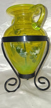 Load image into Gallery viewer, Vintage Yellow/Green Hand Blown Art Glass Amphora Vase w/ Metal Stand 12" Tall