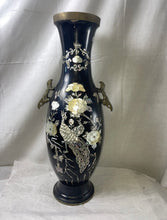 Load image into Gallery viewer, Vintage Mother of Pearl Abalone Inlayed Black Brass Vase Bird Floral Korea