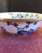 Load image into Gallery viewer, VTG CHINESE PRUNUS BLOSSOM BUTTERFLIES BLUE ROOT ROCK CLOISONNÉ 7” FOOTED BOWL