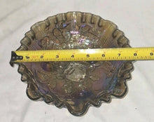 Load image into Gallery viewer, Vintage Carnival Glass Rose Pattern Footed Bowl Iridescent Ruffled Edge 9"