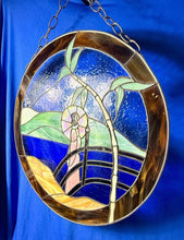 Load image into Gallery viewer, Vintage Round Stained Glass Japanese Geisha Girl W/ Umbrella Framed Panel 21.5”