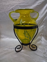 Load image into Gallery viewer, Vintage Yellow/Green Hand Blown Art Glass Amphora Vase w/ Metal Stand 12" Tall