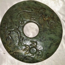 Load image into Gallery viewer, Vintage Faux Jade Green Stone Carved Bi Disc Dragon Phoenix w/ Wood Stand