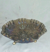 Load image into Gallery viewer, Vintage Carnival Glass Rose Pattern Footed Bowl Iridescent Ruffled Edge 9"