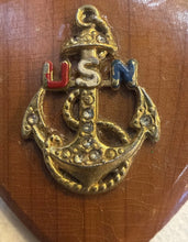 Load image into Gallery viewer, WWII US Navy Sweetheart Brooch Pin Heart Shaped Wood Plaque 2.25 Inches