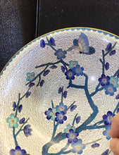 Load image into Gallery viewer, VTG CHINESE PRUNUS BLOSSOM BUTTERFLIES BLUE ROOT ROCK CLOISONNÉ 7” FOOTED BOWL