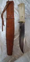 Load image into Gallery viewer, Vintage Fixed Blade Hunting Knife Stag Antler Handle Leather Sheath Unmarked