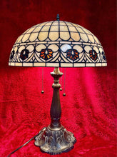 Load image into Gallery viewer, Vintage Tiffany-Style Stained Glass Triple Bulb Table Lamp 18” Diameter 26” High