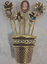 Load image into Gallery viewer, Vintage Gold Tone Thimble Stick Pin Brooch Cameo Bee Rose Snake Flower Pearl