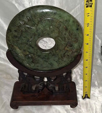 Load image into Gallery viewer, Vintage Faux Jade Green Stone Carved Bi Disc Dragon Phoenix w/ Wood Stand