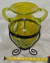 Load image into Gallery viewer, Vintage Yellow/Green Hand Blown Art Glass Amphora Vase w/ Metal Stand 12" Tall
