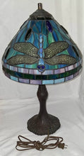 Load image into Gallery viewer, Tiffany Style Dragonfly Stained Glass Table Lamp Blue Green Bronze Base 20”