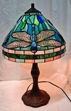 Load image into Gallery viewer, Tiffany Style Dragonfly Stained Glass Table Lamp Blue Green Bronze Base 20”