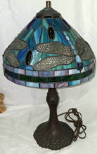 Load image into Gallery viewer, Tiffany Style Dragonfly Stained Glass Table Lamp Blue Green Bronze Base 20”