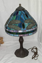 Load image into Gallery viewer, Tiffany Style Dragonfly Stained Glass Table Lamp Blue Green Bronze Base 20”