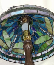 Load image into Gallery viewer, Tiffany Style Dragonfly Stained Glass Table Lamp Blue Green Bronze Base 20”
