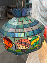 Load image into Gallery viewer, Beautiful vintage Tiffany style blue hanging lamp with hot air balloon motif