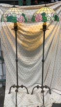 Load image into Gallery viewer, Really unique pair of vintage Tiffany style floor lamps with flower motif and iron bases