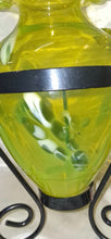 Load image into Gallery viewer, Vintage Yellow/Green Hand Blown Art Glass Amphora Vase w/ Metal Stand 12" Tall