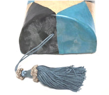 Load image into Gallery viewer, Venetian Style Harlequin Wall Mask Gold Black Blue Diamond Jester Tassel Decor