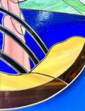 Load image into Gallery viewer, Vintage Round Stained Glass Japanese Geisha Girl W/ Umbrella Framed Panel 21.5”