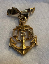 Load image into Gallery viewer, WWII US Navy Sweetheart Brooch Pin, Gold Color Bow & US Navy Fouled Anchor
