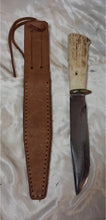 Load image into Gallery viewer, Vintage Fixed Blade Hunting Knife Stag Antler Handle Leather Sheath Unmarked