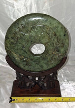 Load image into Gallery viewer, Vintage Faux Jade Green Stone Carved Bi Disc Dragon Phoenix w/ Wood Stand