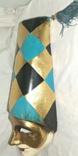 Load image into Gallery viewer, Venetian Style Harlequin Wall Mask Gold Black Blue Diamond Jester Tassel Decor