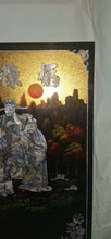 Load image into Gallery viewer, Vintage Chinese Fu Lu Shou Mother of Pearl Inlay Lacquer Wall Panel 31" x 19"