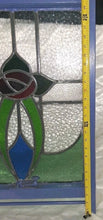Load image into Gallery viewer, Vintage Stained Glass Cabinet Door Window Panel Floral Design Blue Wood Frame
