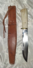 Load image into Gallery viewer, Vintage Fixed Blade Hunting Knife Stag Antler Handle Leather Sheath Unmarked