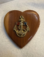 Load image into Gallery viewer, WWII US Navy Sweetheart Brooch Pin Heart Shaped Wood Plaque 2.25 Inches