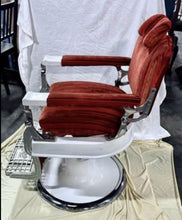 Load image into Gallery viewer, Antique 1920’s Koken White Porcelain Barber Chair Red Velvet, St. Louis