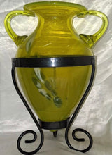 Load image into Gallery viewer, Vintage Yellow/Green Hand Blown Art Glass Amphora Vase w/ Metal Stand 12" Tall