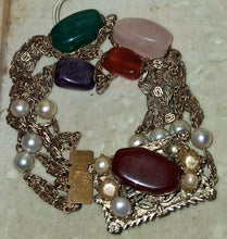 Load image into Gallery viewer, Vintage Gold Tone Necklace Bracelet Earrings Set Faux Pearl Gemstone Cabochons