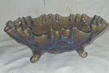 Load image into Gallery viewer, Vintage Carnival Glass Rose Pattern Footed Bowl Iridescent Ruffled Edge 9"