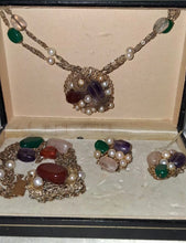 Load image into Gallery viewer, Vintage Gold Tone Necklace Bracelet Earrings Set Faux Pearl Gemstone Cabochons