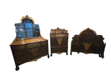 Load image into Gallery viewer, Antique 1920’s-30’s Bedroom Set High Boy Dresser-Mirrored Dresser Full Bed