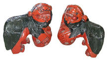 Load image into Gallery viewer, Vintage Japanese Shisa Guardian Lion Foo Dog Statues Pair Red Black Wood 16”X15”
