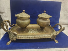Load image into Gallery viewer, Vintage Solid Brass Double Lidded Ink Well Ink Holder with Snake Handle Accents