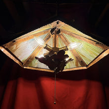 Load image into Gallery viewer, TOM GREENE Hexagonal MCM Brutalist Green Amber Slag Glass Swag Pendant Light