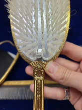 Load image into Gallery viewer, Vtg Matson 1930s Gold Tone Daisy 3-D Vanity Set Hand Mirror Brush Comb Rare Read
