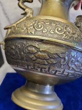 Load image into Gallery viewer, Large Vintage Chinese Solid Brass Dragon Urn Vase Planter with Floral Motif