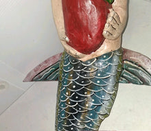 Load image into Gallery viewer, Vintage Unique Mexican Folk Art Mermaid Hand Carved Painted Wood Wall Art 38”