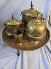 Load image into Gallery viewer, 15" Vtg Moroccan Brass Tray w/ Maranao Gador, Tea Caddy, Trinket box, Dowry set