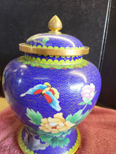 Load image into Gallery viewer, Chrysanthemum Chinese Cloisonne Ginger Jar Urn Butterfly Blue Enamel w/ lid