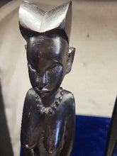 Load image into Gallery viewer, Vtg Carved Wooden Maasai Spear Warrior & Woman Tribal Ebony Figurine Sculpture