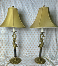 Load image into Gallery viewer, Vintage Pair Of 32” Tall Solid Brass Dolphin Feng Shui TABLE LAMPS w/ Shades